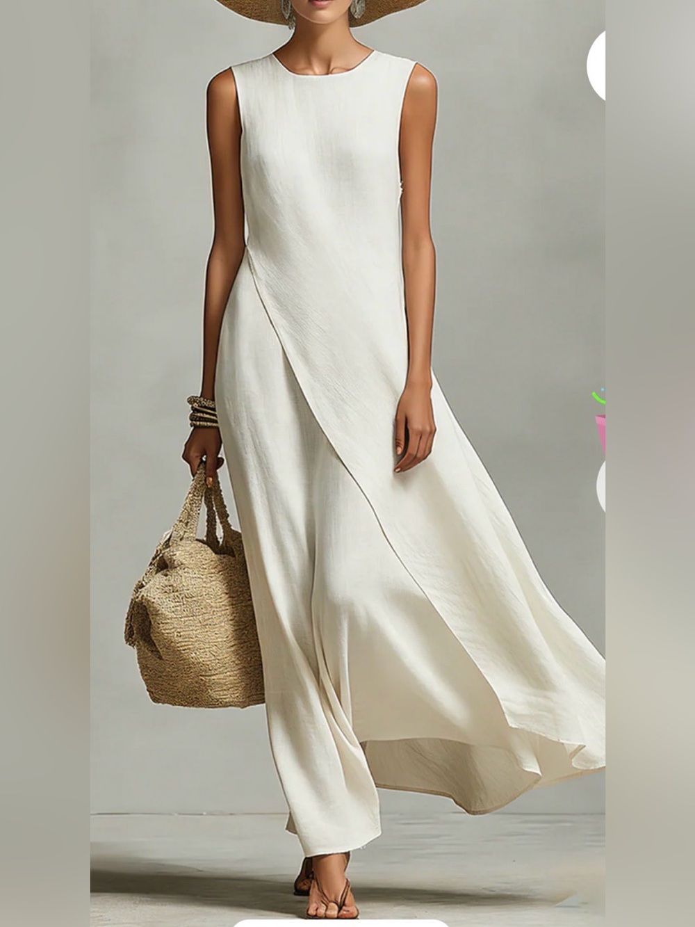 Modesees  Sleeveless Cream Maxi Dress with Draped Front - Timeless Summer Style